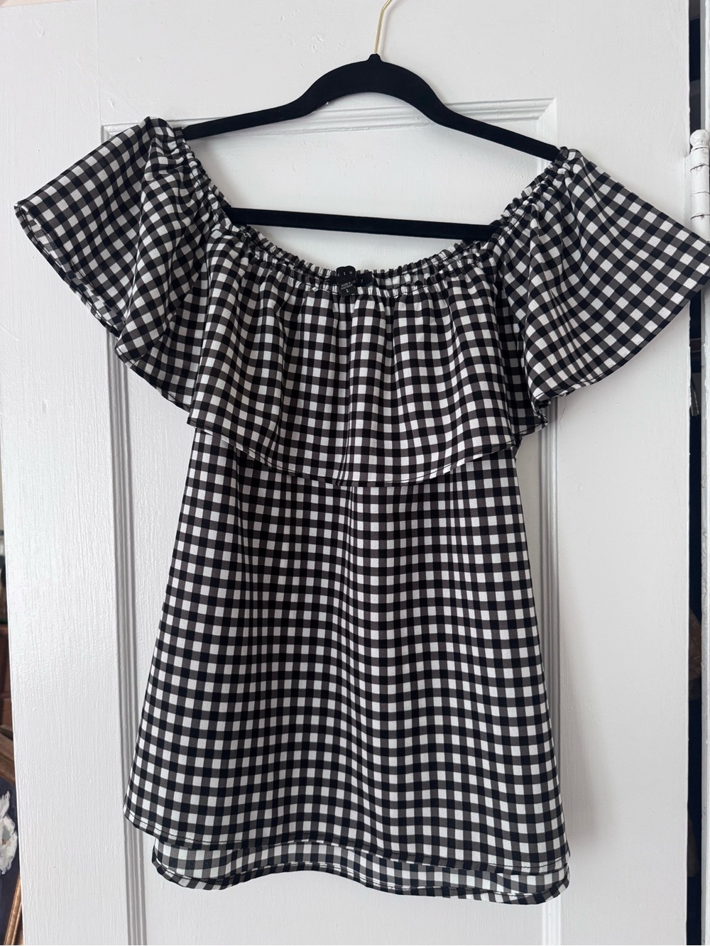 Sanctuary Black and White Gingham Off-Shoulder Blouse